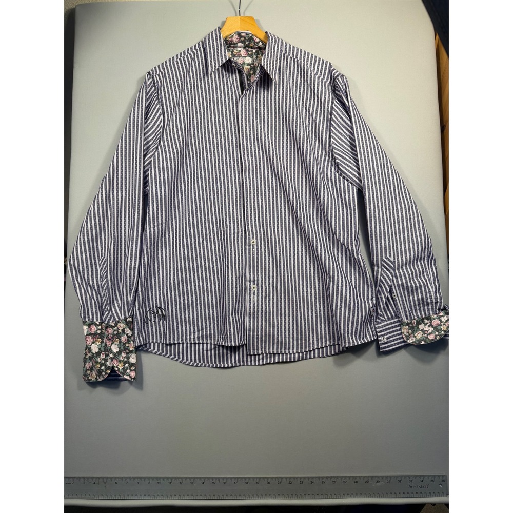 John Lennon Mens Blue White Striped Floral Contrast Button Down Shirt XL